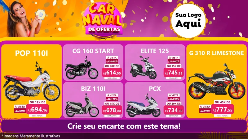 Modelo de TV para TV Horizontal com o tema Carnaval de Ofertas para Concessionaria de Motos
