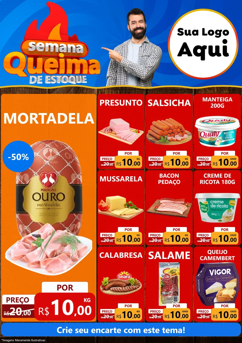 Modelo de Encarte para Encarte A4 Vertical com o tema Semana Queima de Estoque para Frios e Laticínios