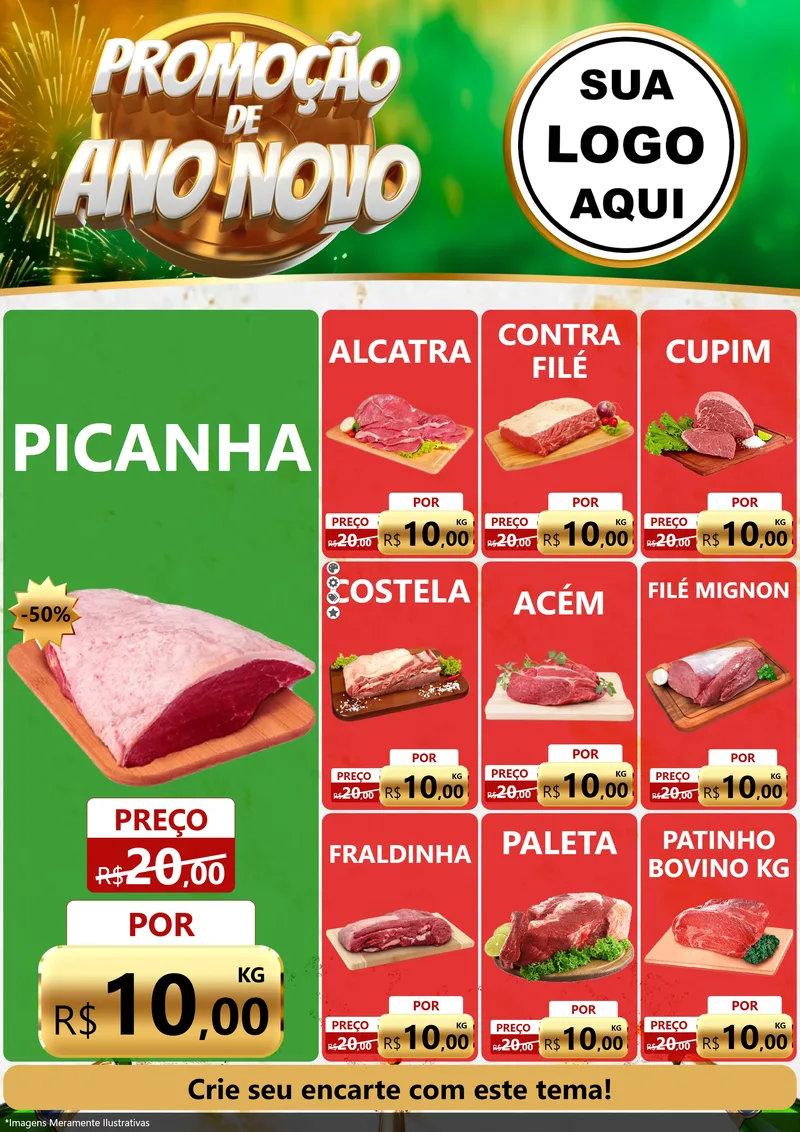 Modelo de Encarte para Encarte A4 Vertical com o tema Promoção de Ano Novo para Açougue