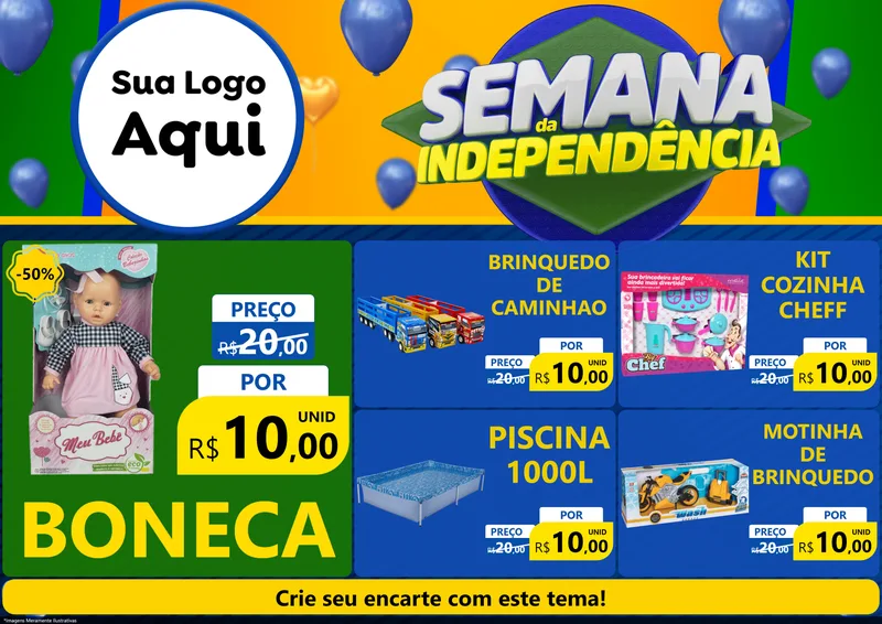 Modelo de Encarte para Encarte A4 Horizontal com o tema Semana da Independência para Brinquedos
