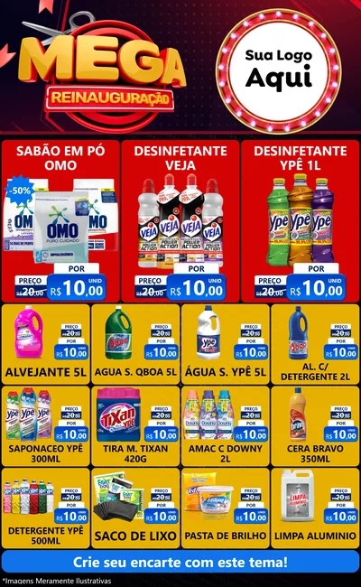 Modelo de Encarte para Encarte Grande com o tema Mega Reinauguração para Produtos de Limpeza