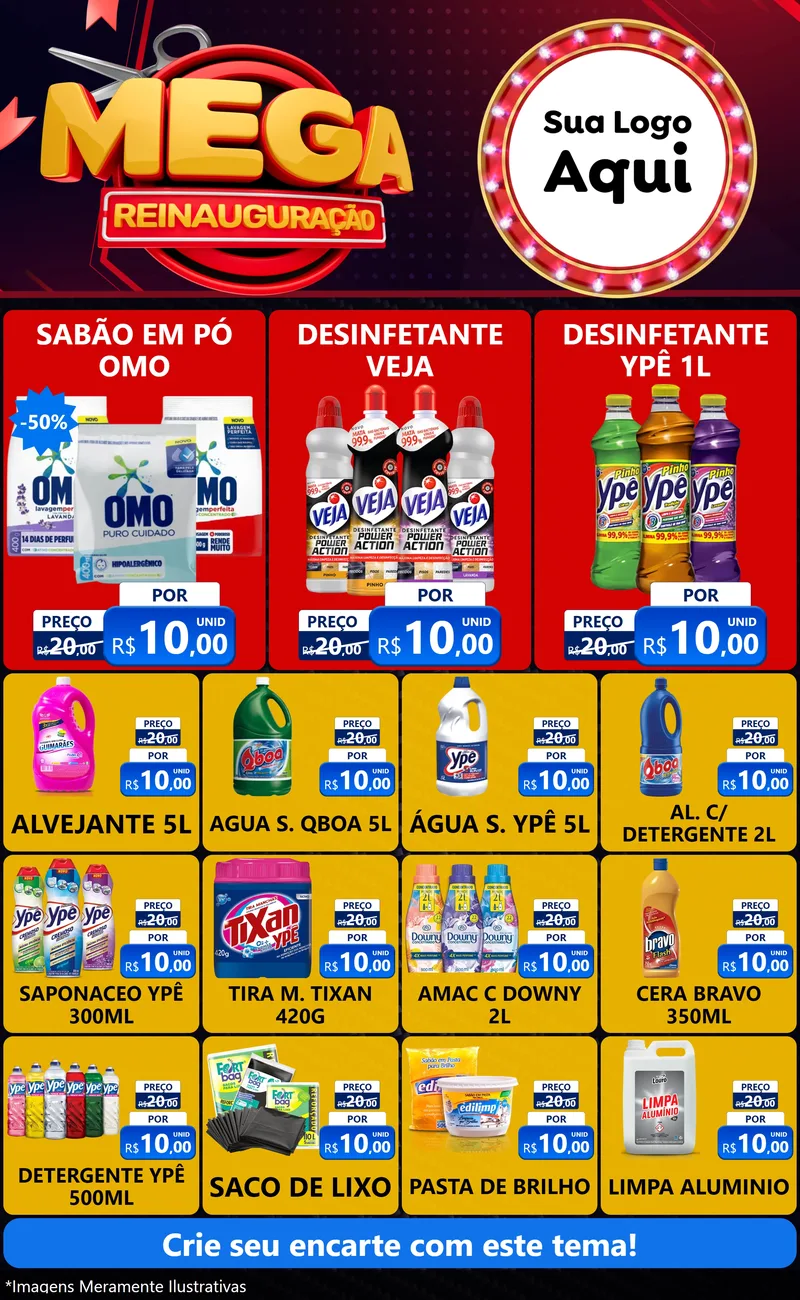Modelo de Encarte para Encarte Grande com o tema Mega Reinauguração para Produtos de Limpeza