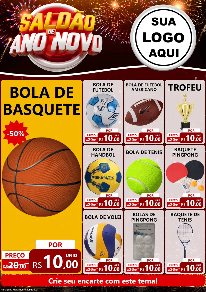 Modelo de Encarte para Encarte A4 Vertical com o tema Saldão de Ano Novo para Artigos Esportivos