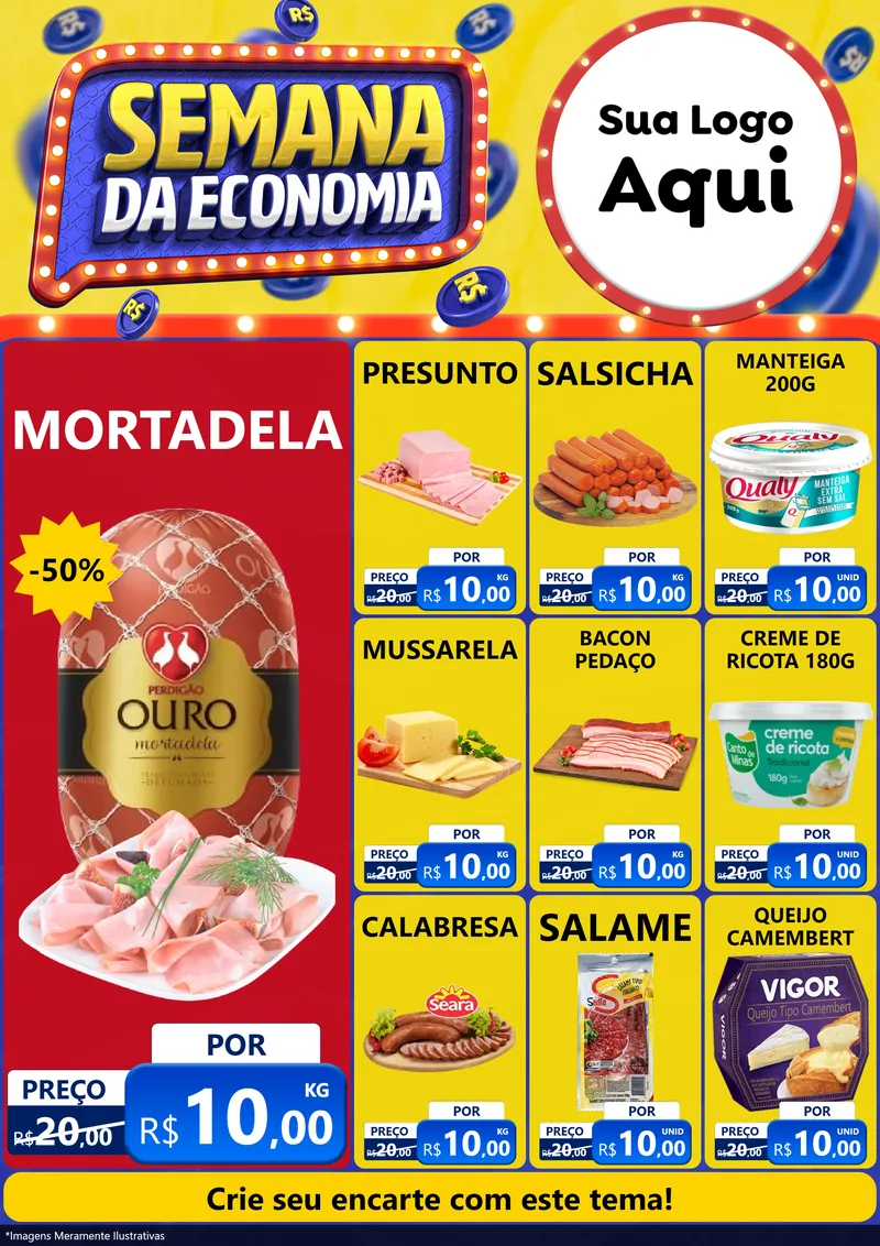 Modelo de Encarte para Encarte A4 Vertical com o tema Semana da Economia para Frios e Laticínios