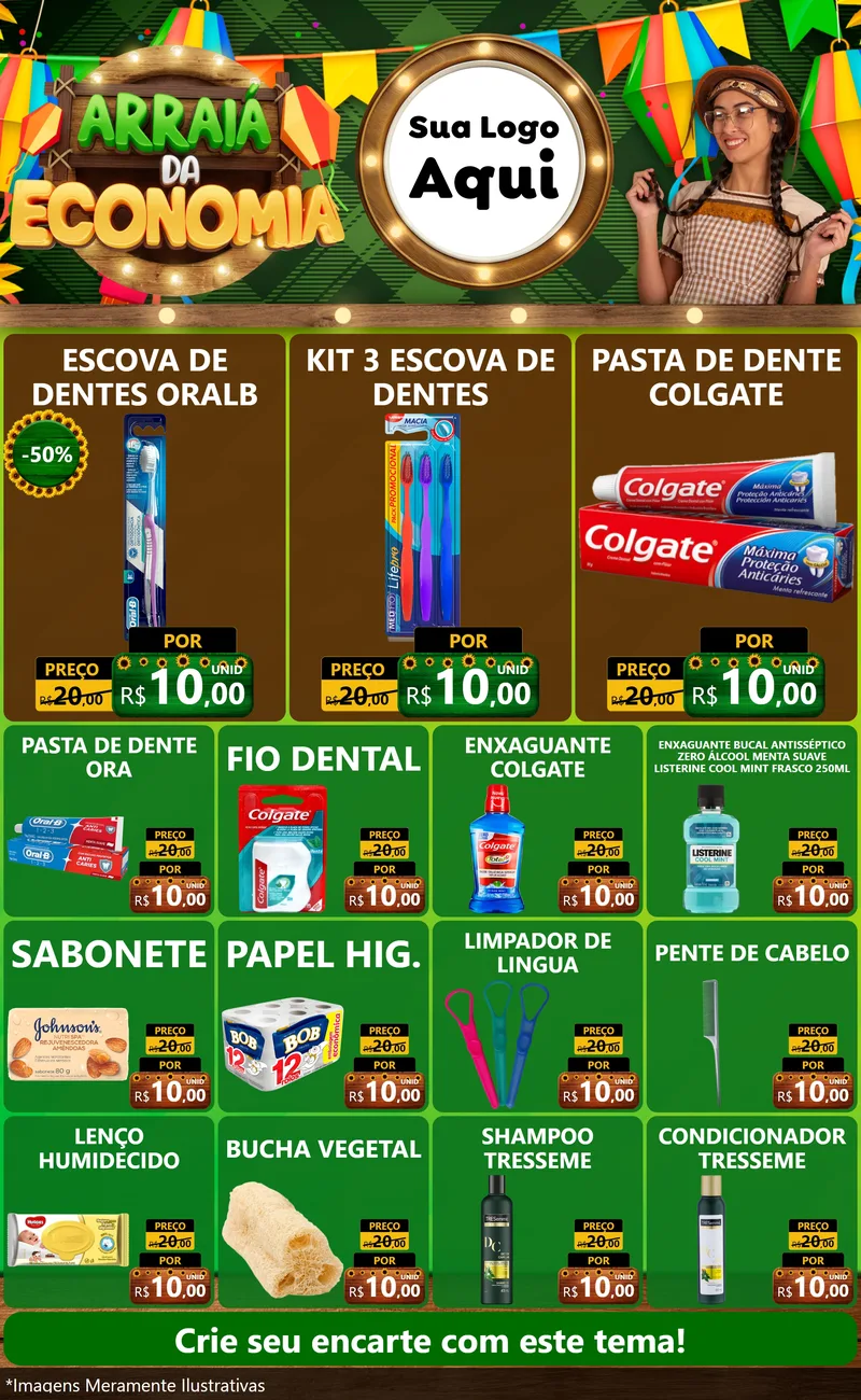 Modelo de Encarte para Encarte Grande com o tema Arraiá de Economia para Higiene Pessoal