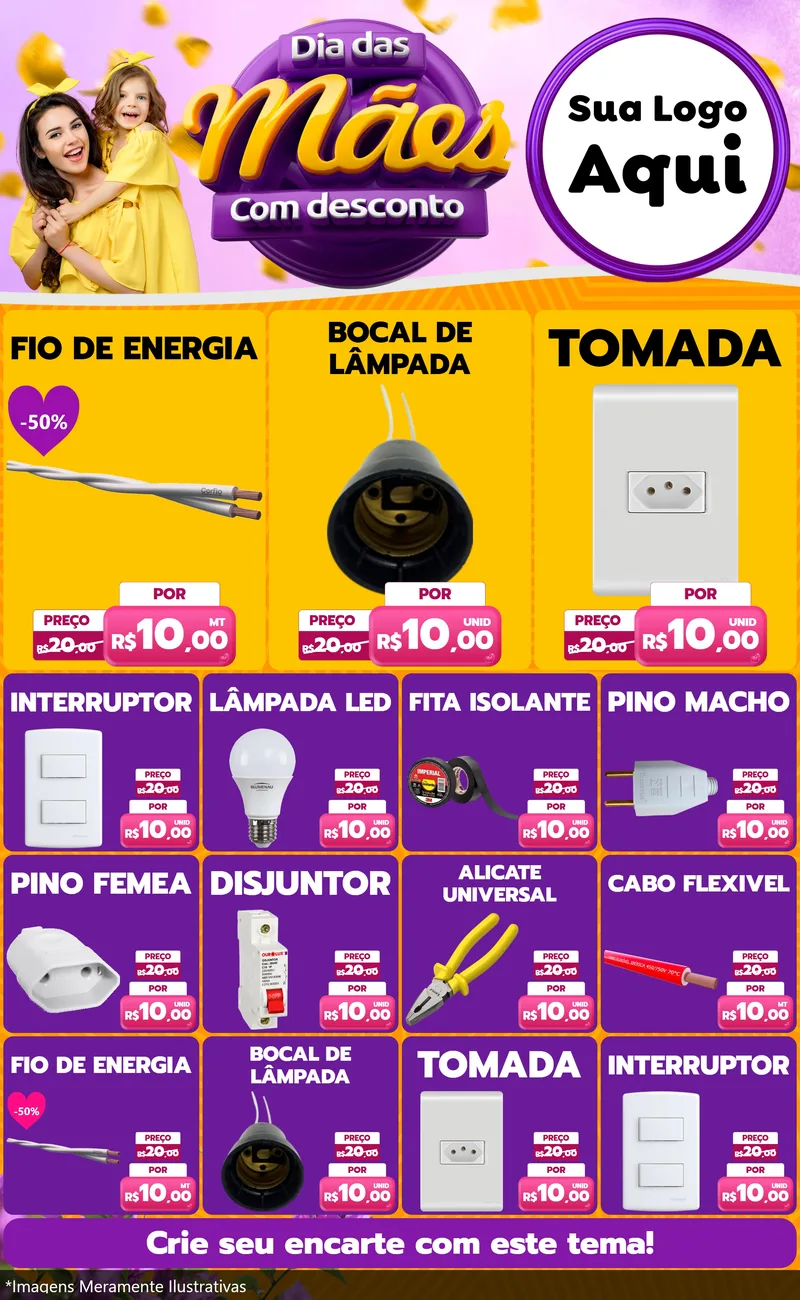 Modelo de Encarte para Encarte Grande com o tema Dia das Mães com Desconto para Materiais Elétricos