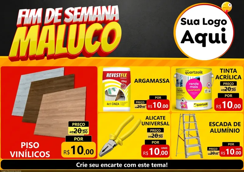 Modelo de Encarte para Encarte A4 Horizontal com o tema Final de Semana Maluco para Material para Construção