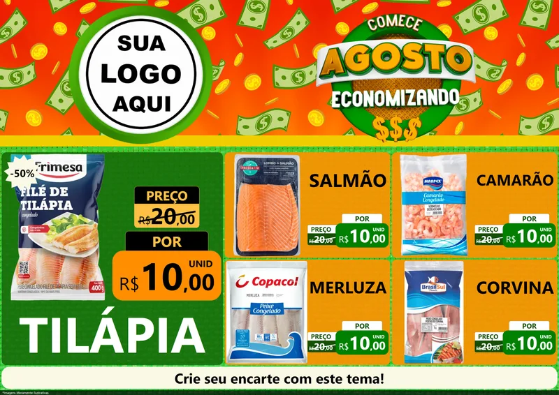 Modelo de Encarte para Encarte A4 Horizontal com o tema Comece Agosto Economizando para Peixaria