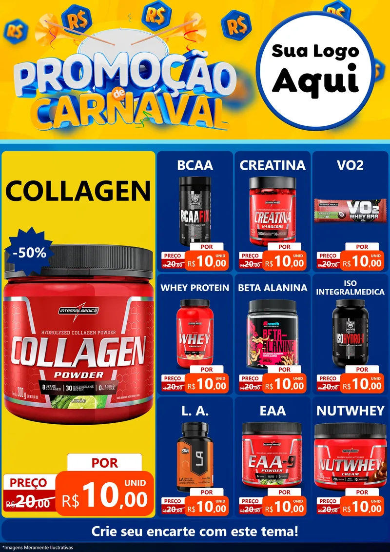 Modelo de Encarte para Encarte A4 Vertical com o tema Promoção de Carnaval para Suplementos alimentares