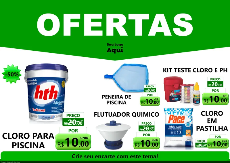 Modelo de Encarte para Encarte A4 Horizontal com o tema Ofertas Verde Cartaz para Produtos para Piscina