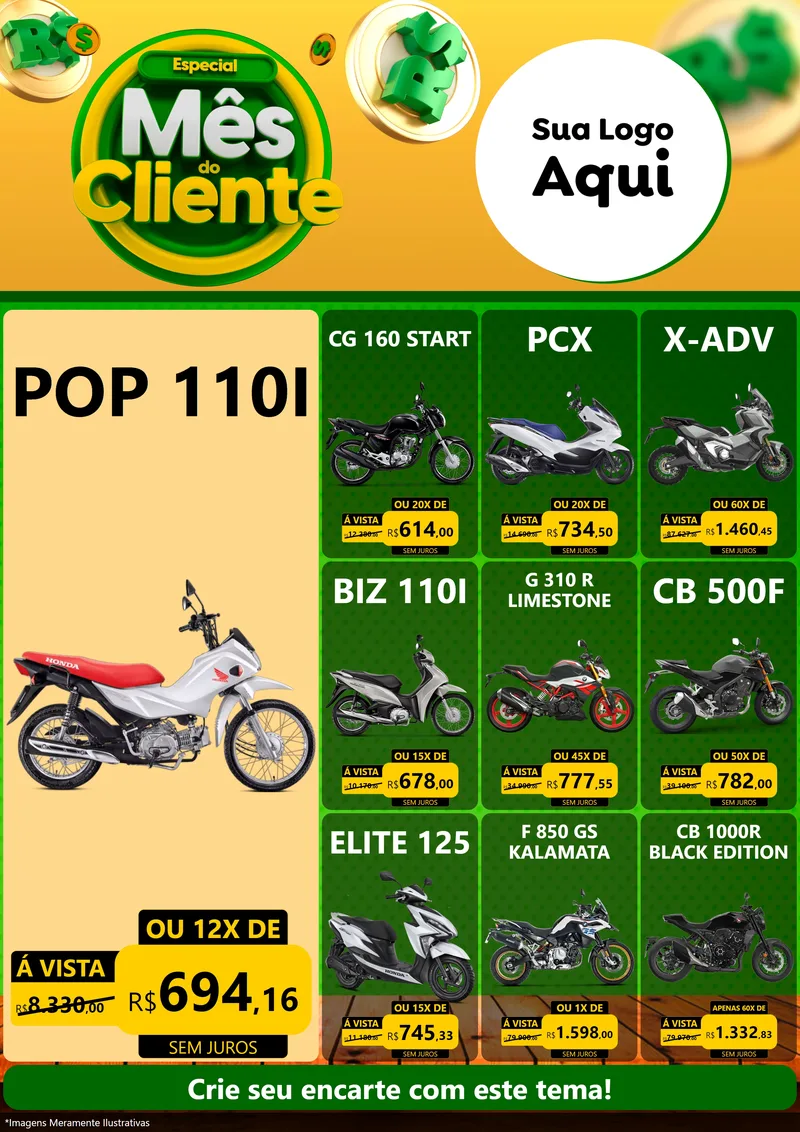 Modelo de Encarte para Encarte A4 Vertical com o tema Especial Mês do Cliente para Concessionaria de Motos