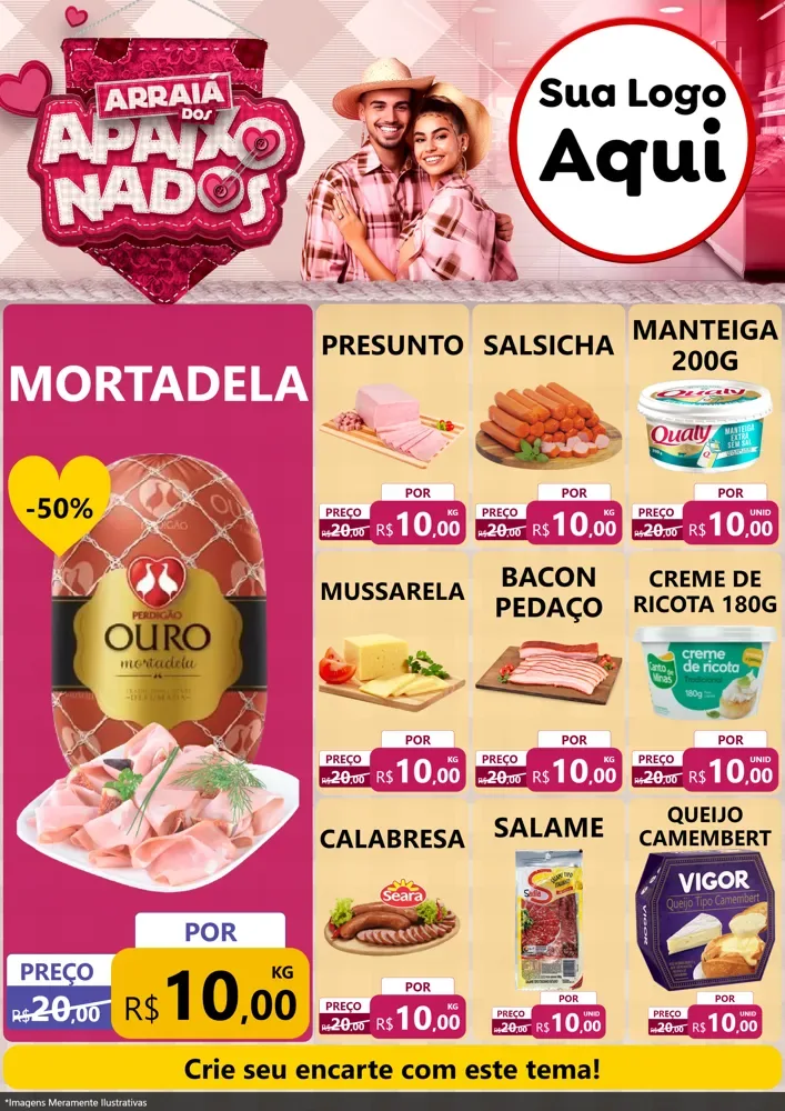 Modelo de Encarte para Encarte A4 Vertical com o tema Arraiá dos Apaixonados - Junina para Frios e Laticínios