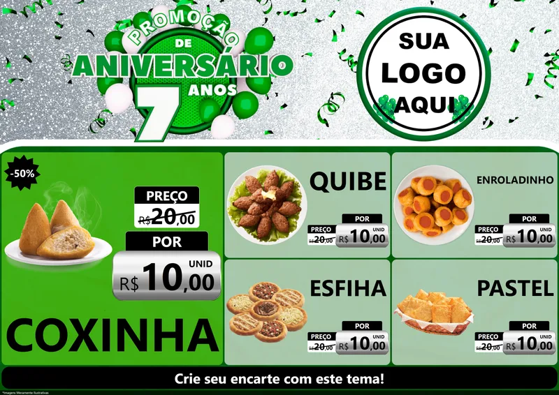 Modelo de Encarte para Encarte A4 Horizontal com o tema Promoção de Aniversário - 7 Anos para Salgadaria