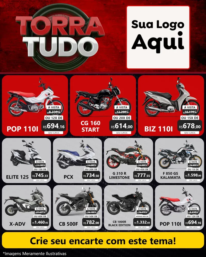 Modelo de Rede Social para Feed Instagram com o tema Torra Tudo para Concessionaria de Motos