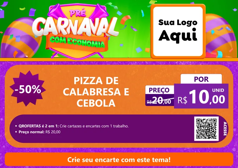 Modelo de Cartaz para Cartaz A4 Horizontal com o tema Pré-Carnaval Com Economia para Pizzaria