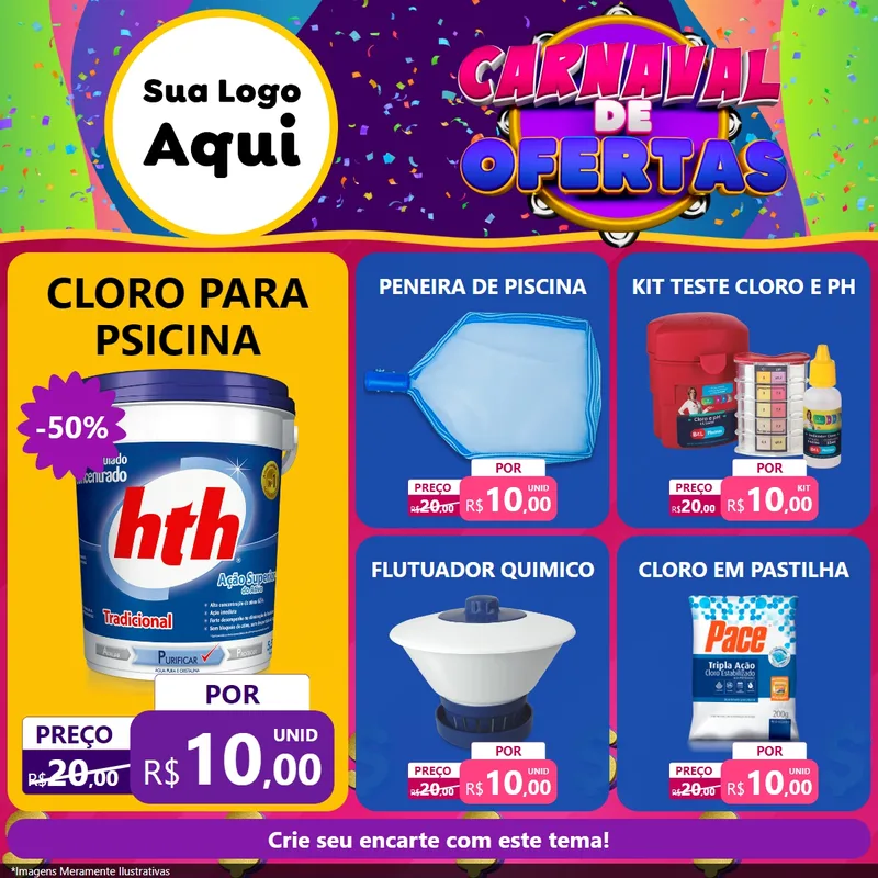 Modelo de Rede Social para Feed Facebook com o tema Carnaval de Ofertas para Produtos para Piscina