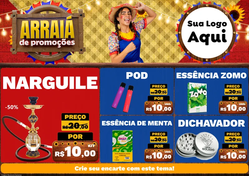 Modelo de Encarte para Encarte A4 Horizontal com o tema Arraiá de Promoções para Tabacaria