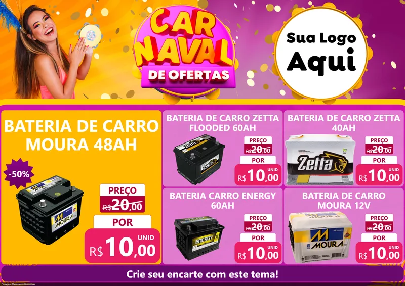 Modelo de Encarte para Encarte A4 Horizontal com o tema Carnaval de Ofertas para Baterias Elétricas