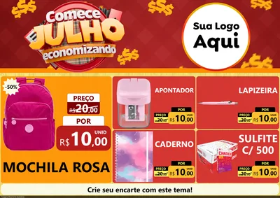 Modelo de Encarte para Encarte A4 Horizontal com o tema Comece Julho Economizando para Papelaria