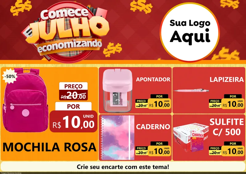 Modelo de Encarte para Encarte A4 Horizontal com o tema Comece Julho Economizando para Papelaria