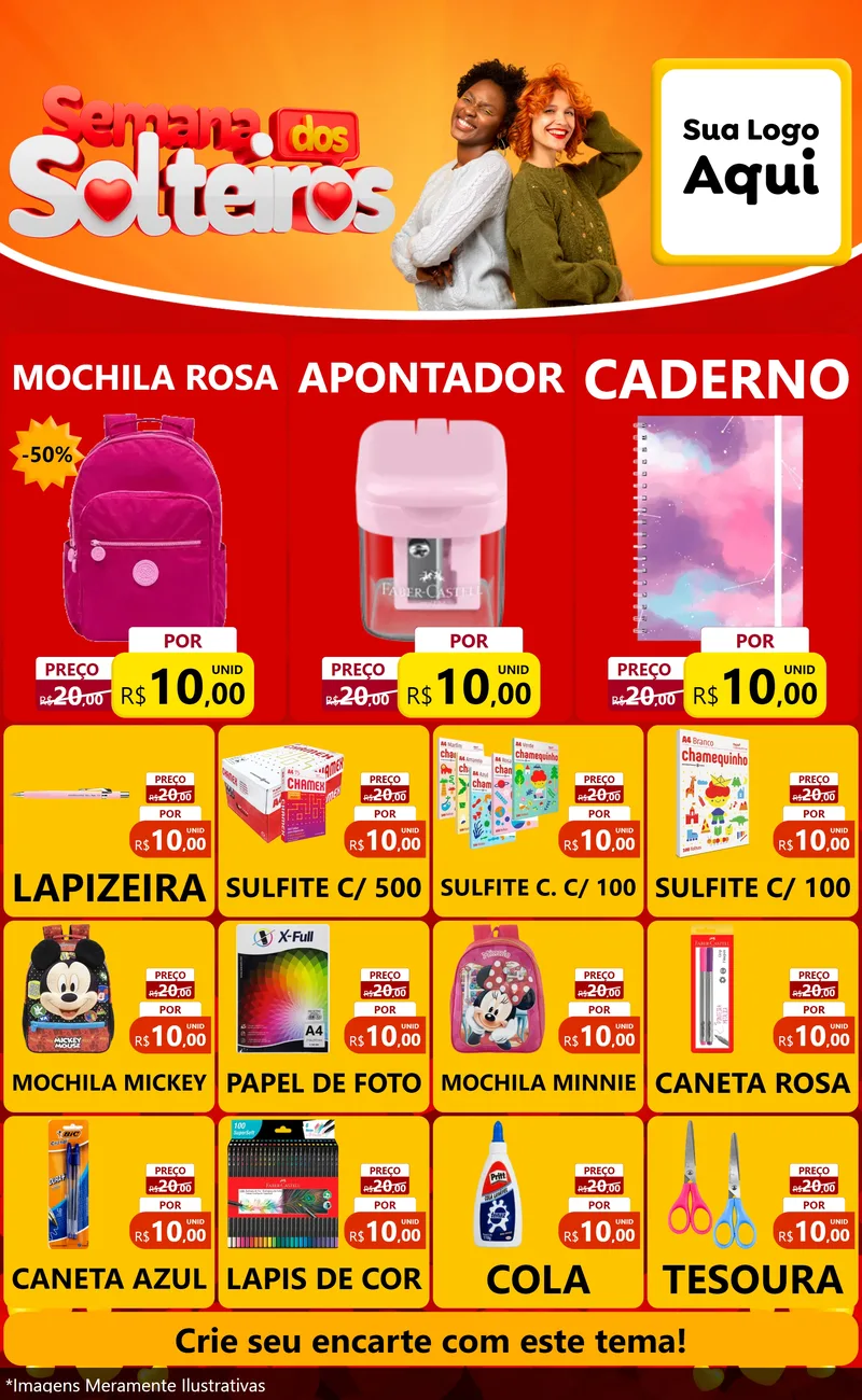 Modelo de Encarte para Encarte Grande com o tema Semana dos Solteiros para Papelaria