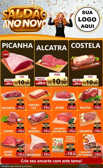 Modelo de Encarte para Encarte Grande com o tema Saldão de Ano Novo para Açougue