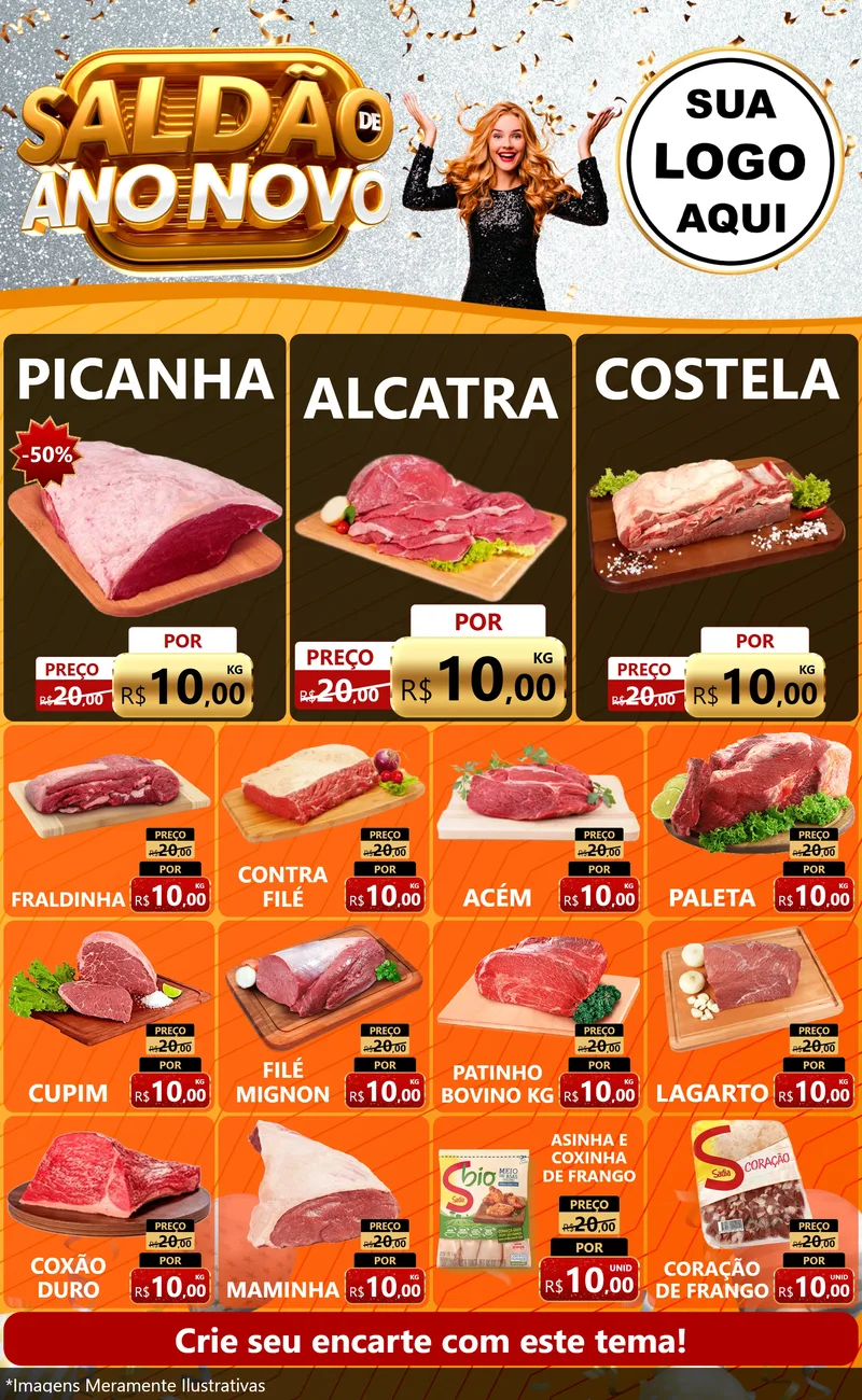 Modelo de Encarte para Encarte Grande com o tema Saldão de Ano Novo para Açougue