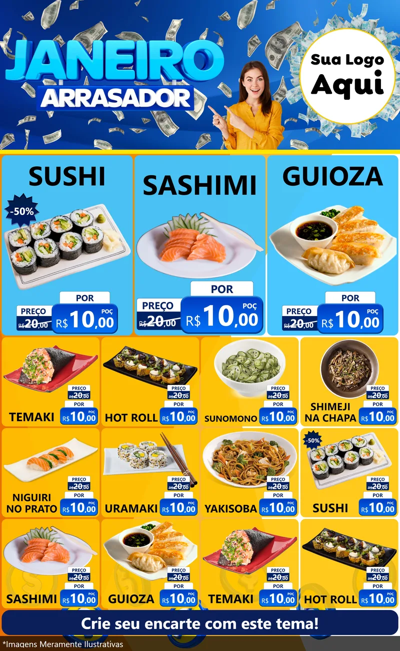 Modelo de Encarte para Encarte Grande com o tema Janeiro Arrasador para Comida japonesa