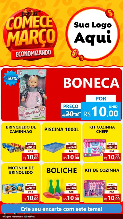 Modelo de Rede Social para Stories com o tema Comece Março Economizando para Brinquedos
