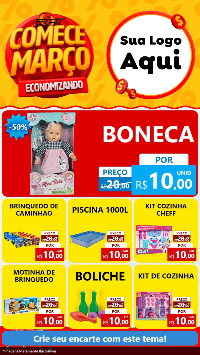 Modelo de Rede Social para Stories com o tema Comece Março Economizando para Brinquedos