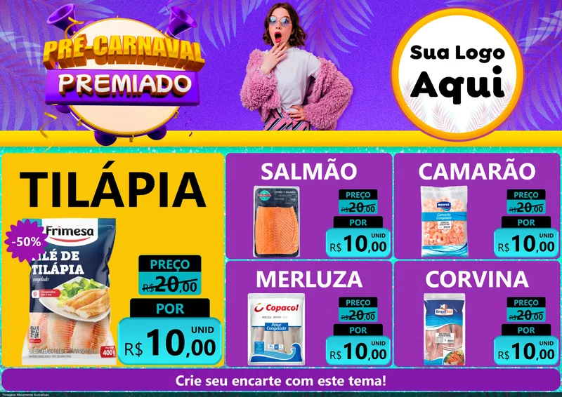Modelo de Encarte para Encarte A4 Horizontal com o tema Pré-Carnaval Premiado para Peixaria