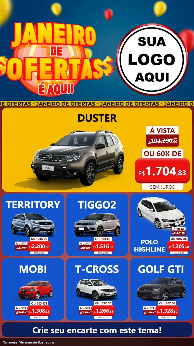 Modelo de Rede Social para Stories com o tema Janeiro de Ofertas É Aqui! para Concessionaria de Carros