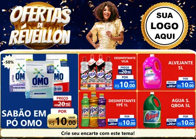 Modelo de Encarte para Encarte A4 Horizontal com o tema Ofertas de Réveillon para Produtos de Limpeza