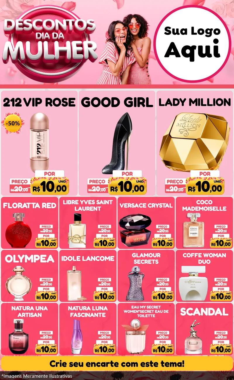 Modelo de Encarte para Encarte Grande com o tema Descontos Dia da Mulher para Perfumes