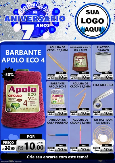 Modelo de Encarte para Encarte A4 Vertical com o tema Promoção de Aniversário - 7 Anos para Armarinho e Aviamentos