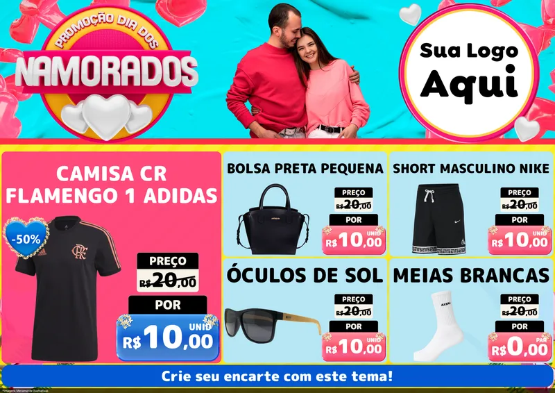 Modelo de Encarte para Encarte A4 Horizontal com o tema Promoção Dia dos Namorados para Roupas e acessórios