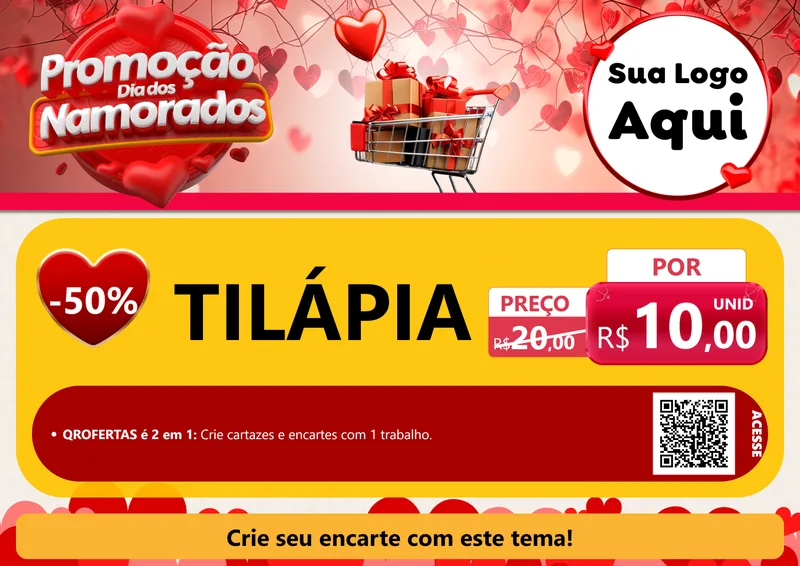 Modelo de Cartaz para Cartaz A4 Horizontal com o tema Promoção Dia dos Namorados para Peixaria