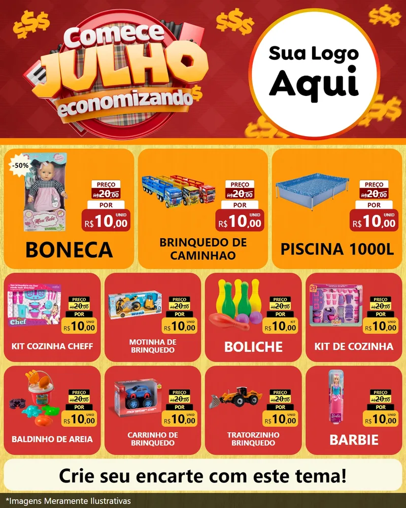 Modelo de Rede Social para Feed Instagram com o tema Comece Julho Economizando para Brinquedos