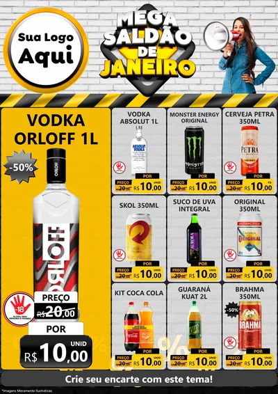 Modelo de Encarte para Encarte A4 Vertical com o tema Mega Saldão de Janeiro para Distribuidora de bebidas