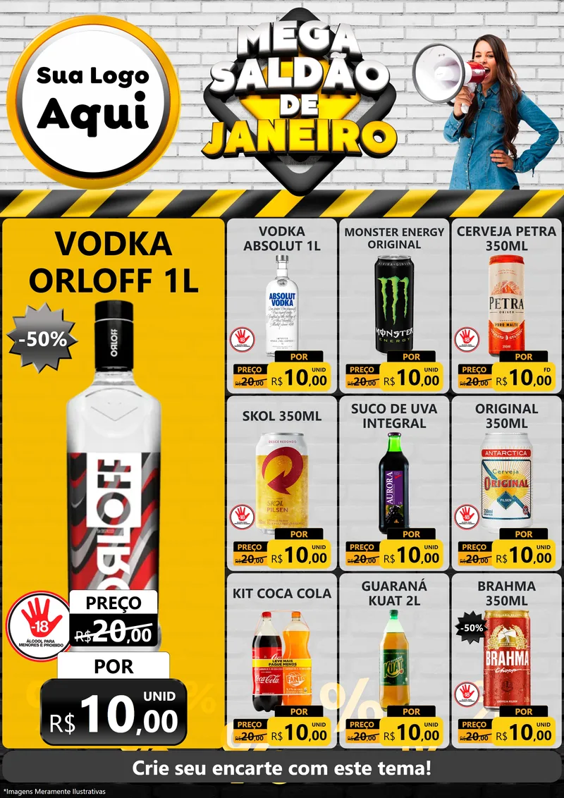Modelo de Encarte para Encarte A4 Vertical com o tema Mega Saldão de Janeiro para Distribuidora de bebidas