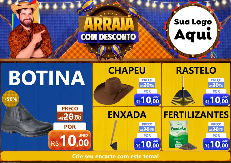 Modelo de Encarte para Encarte A4 Horizontal com o tema Arraiá Com Desconto para Agropecuária