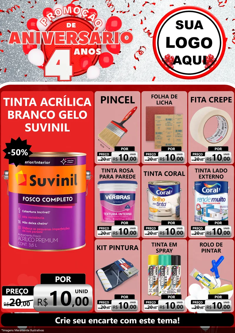 Modelo de Encarte para Encarte A4 Vertical com o tema Promoção de Aniversário - 4 Anos para Tintas e Ferramentas