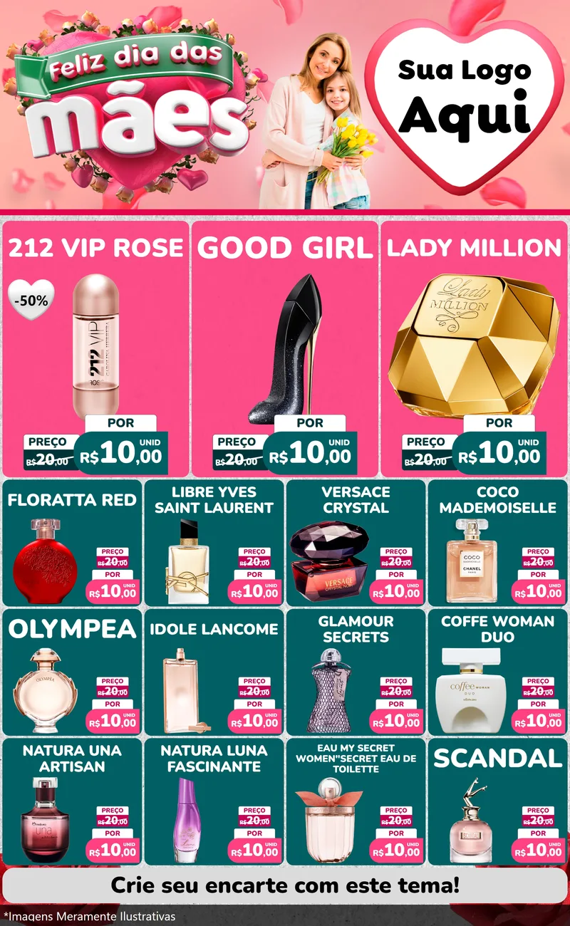 Modelo de Encarte para Encarte Grande com o tema Feliz Dia das Mães para Perfumes