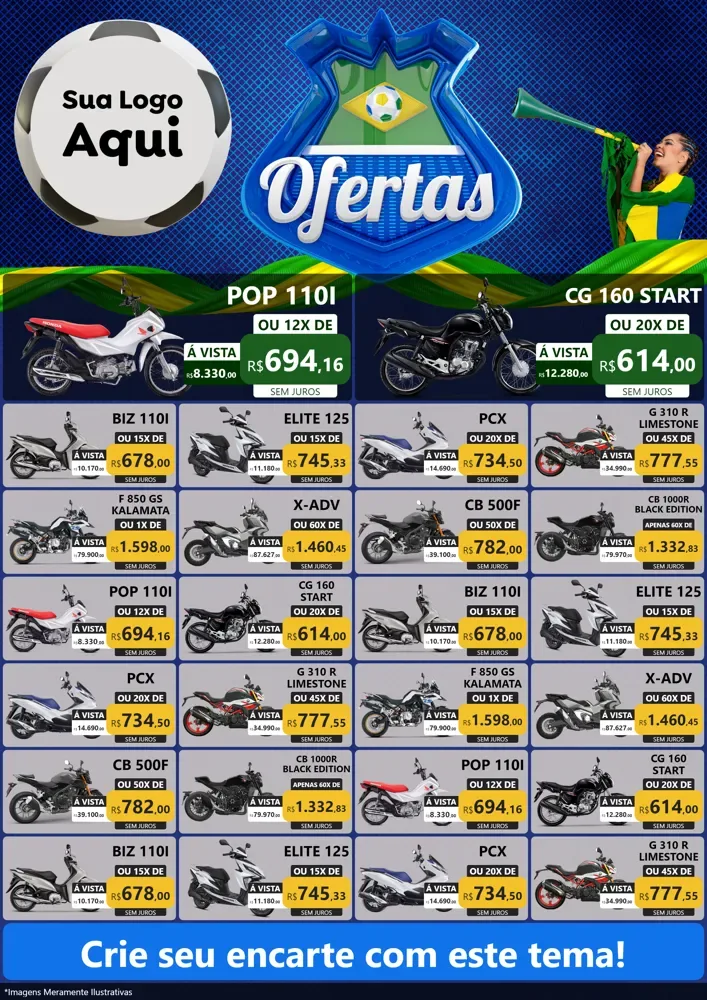 Modelo de Encarte para Encarte A4 Vertical com o tema Ofertas (Futebol) para Concessionaria de Motos