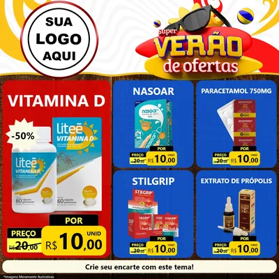 Modelo de Rede Social para Feed Facebook com o tema Super Verão de Ofertas para Farmácia