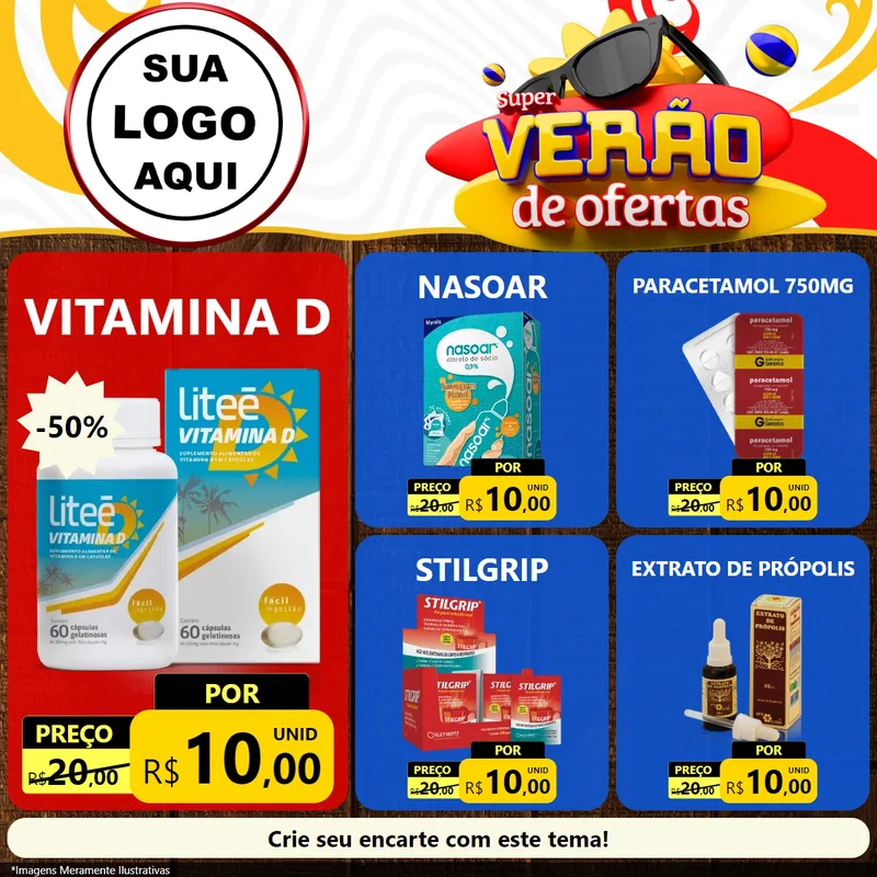 Modelo de Rede Social para Feed Facebook com o tema Super Verão de Ofertas para Farmácia