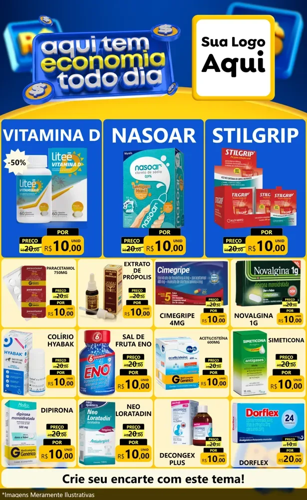 Modelo de Encarte para Encarte Grande com o tema Aqui Tem Economia Todo Dia para Farmácia