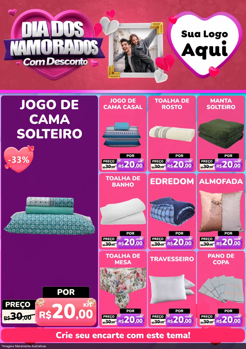 Modelo de Encarte para Encarte A4 Vertical com o tema Dia Dos Namorados Com Desconto para Cama, Mesa e Banho