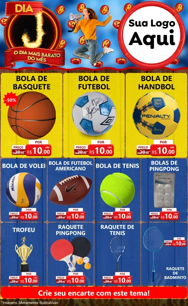 Modelo de Encarte para Encarte Grande com o tema Dia J - O Dia Mais Barato Do Mês para Artigos Esportivos