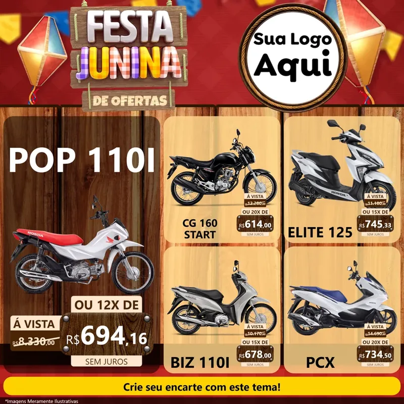 Modelo de Rede Social para Feed Facebook com o tema Festa Junina de Ofertas para Concessionaria de Motos